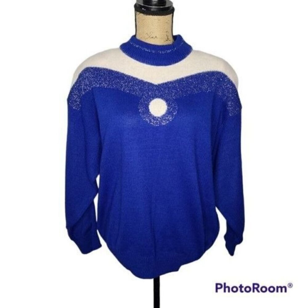 Vintage 80's Blue Silver Sparkles Geometric Wool Blend Cozy Sweater
